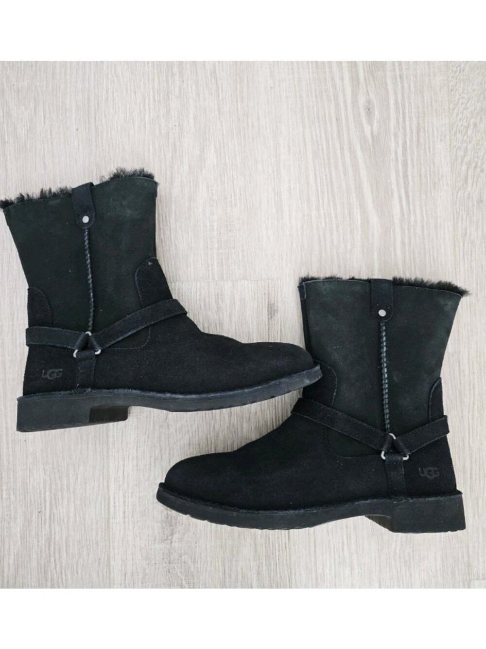 UGG Aveline Black Wool Suede Sheepskin Leather Moto Boots 8 Zipper Harness Y2K